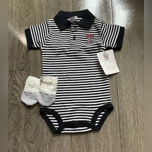 Texas Tech striped onesie with white mitts, size: 6M